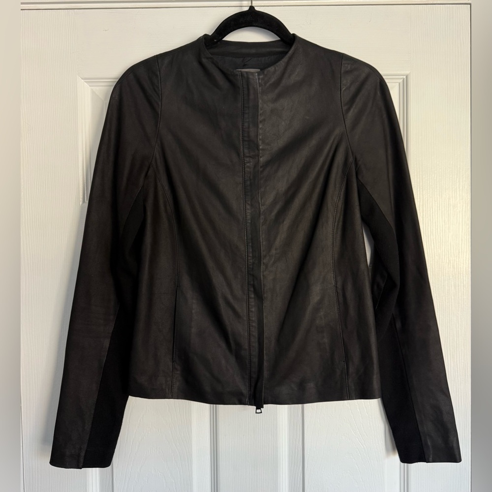 VINCE Collarless Soft Butter Leather Knit Stretch Sleeve Zip Minimalist Jacket S - Picture 3 of 11